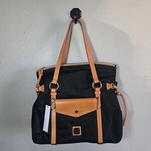 Dooney & Bourke Black Nylon Tote with Tan Leather Trim and Front Pocket